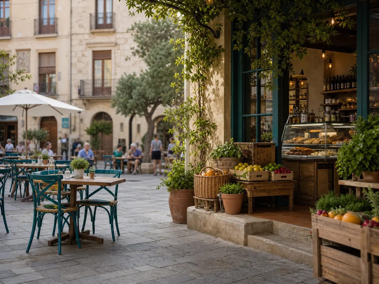 Caffè e prodotti locali in una piazza mediterranea